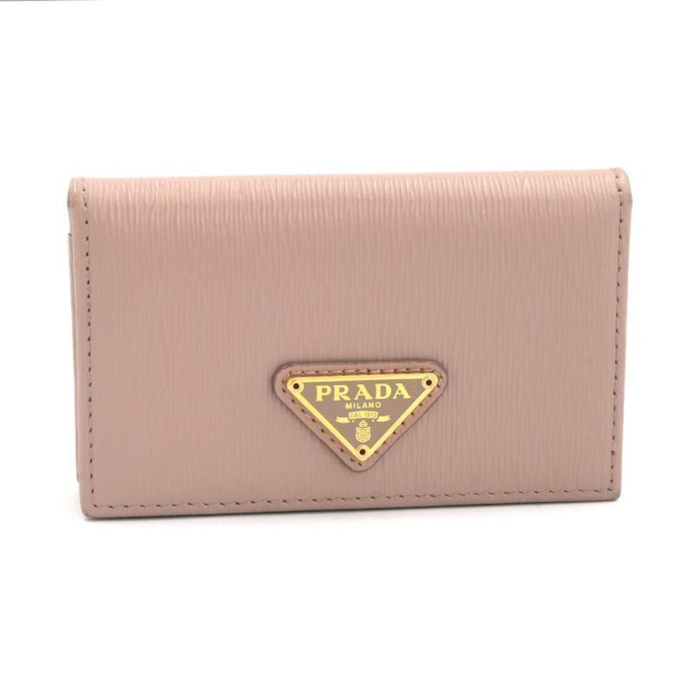 Prada Card Case Wallet Leather Triangle Holder Coin Purse Beige Pink Tan